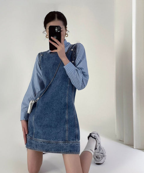 Detachable Sleeve Denim Mini Dress